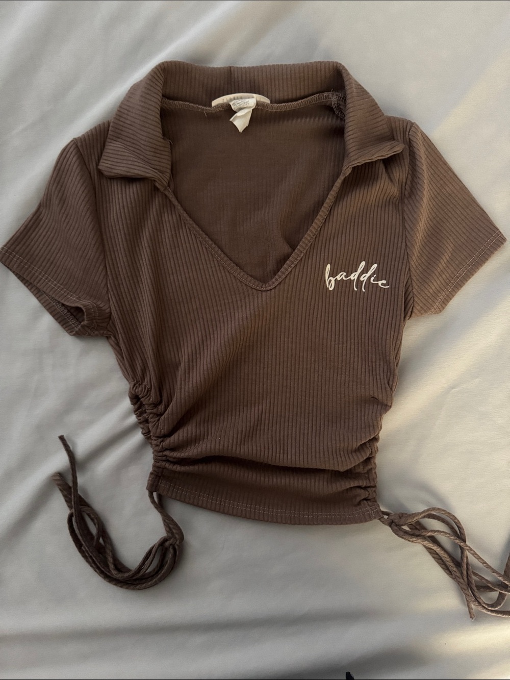 Brown Ribbed Drawstring V-Neck Women's Top - Picture 1 of 4